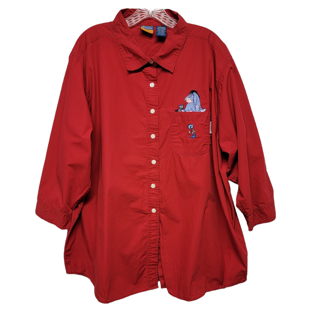 Disney Women's Winnie the Pooh Eyore Embroidered Button-Up Shirt Red Size 26/28W